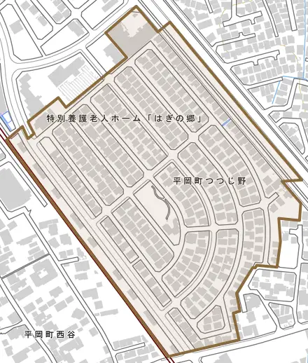 平岡町つつじ野とその周辺の地図。町の範囲を重ねている