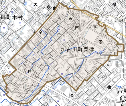 加古川町粟津とその周辺の地図。町の範囲を重ねている