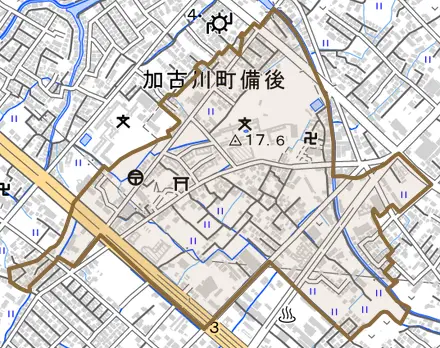 加古川町備後とその周辺の地図。町の範囲を重ねている