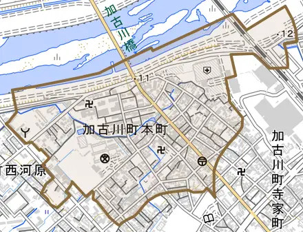 加古川町本町とその周辺の地図。町の範囲を重ねている