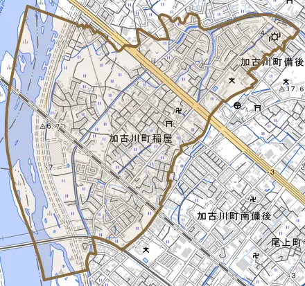 加古川町稲屋とその周辺の地図。町の範囲を重ねている