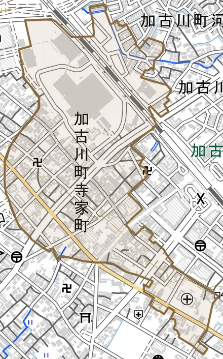 加古川町寺家町とその周辺の地図。町の範囲を重ねている