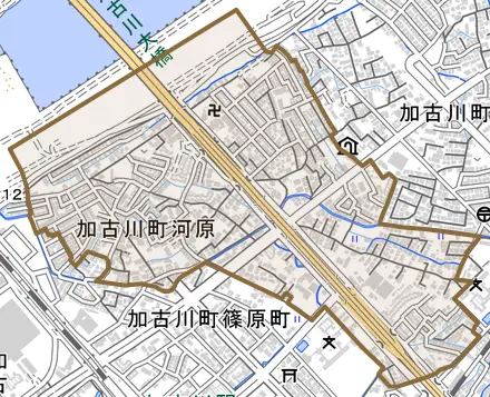 加古川町河原とその周辺の地図。町の範囲を重ねている