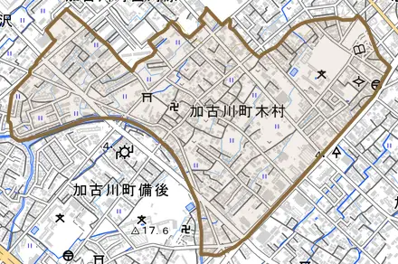 加古川町木村とその周辺の地図。町の範囲を重ねている