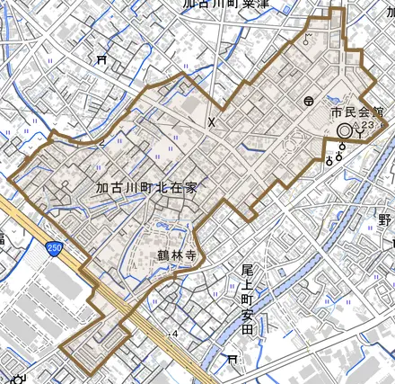 加古川町北在家とその周辺の地図。町の範囲を重ねている