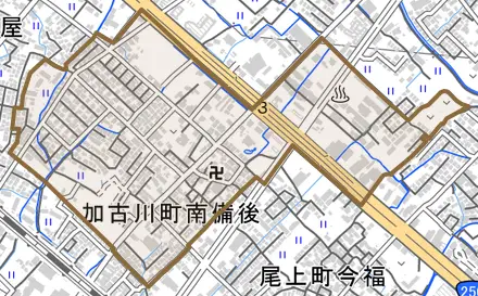 加古川町南備後とその周辺の地図。町の範囲を重ねている