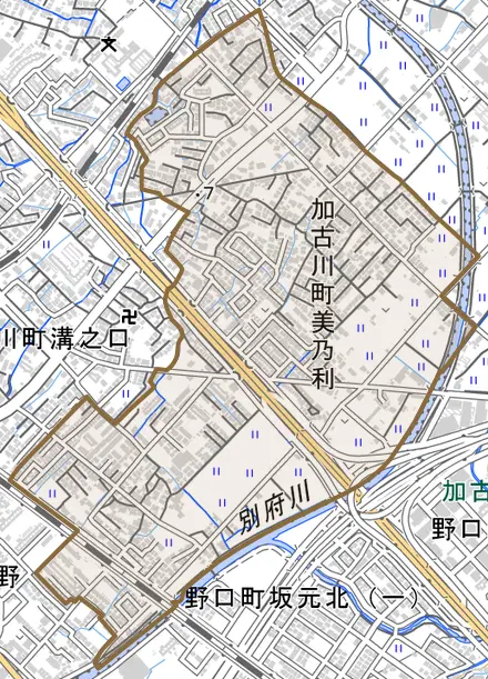 加古川町美乃利とその周辺の地図。町の範囲を重ねている
