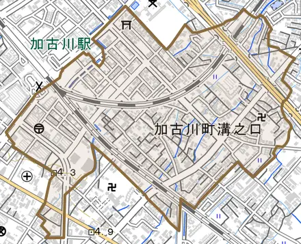 加古川町溝之口とその周辺の地図。町の範囲を重ねている