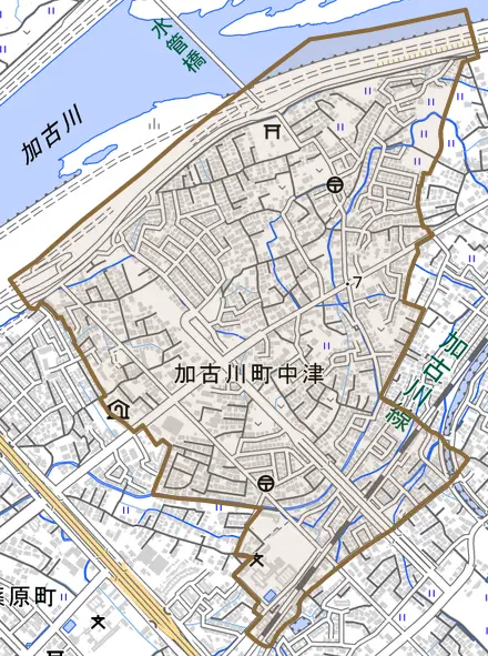 加古川町中津とその周辺の地図。町の範囲を重ねている