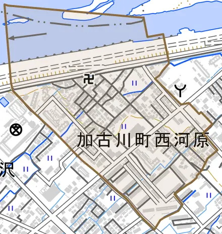 加古川町西河原とその周辺の地図。町の範囲を重ねている