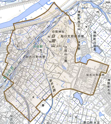 加古川町大野とその周辺の地図。町の範囲を重ねている