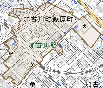 加古川町篠原町とその周辺の地図。町の範囲を重ねている