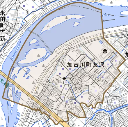 加古川町友沢とその周辺の地図。町の範囲を重ねている