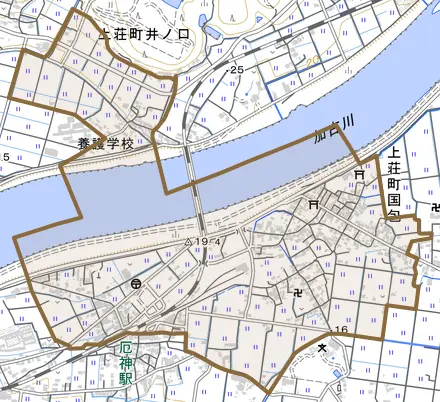 上荘町国包とその周辺の地図。町の範囲を重ねている