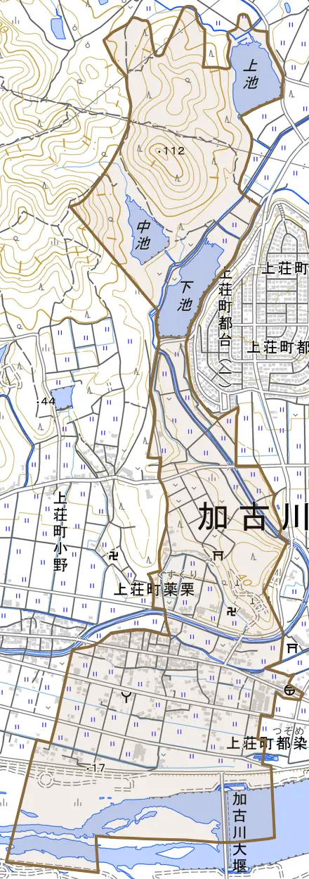 上荘町薬栗とその周辺の地図。町の範囲を重ねている