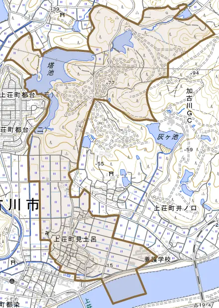 上荘町見土呂とその周辺の地図。町の範囲を重ねている