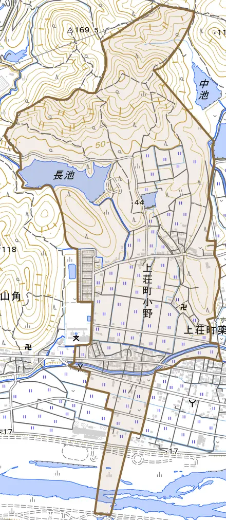 上荘町小野とその周辺の地図。町の範囲を重ねている
