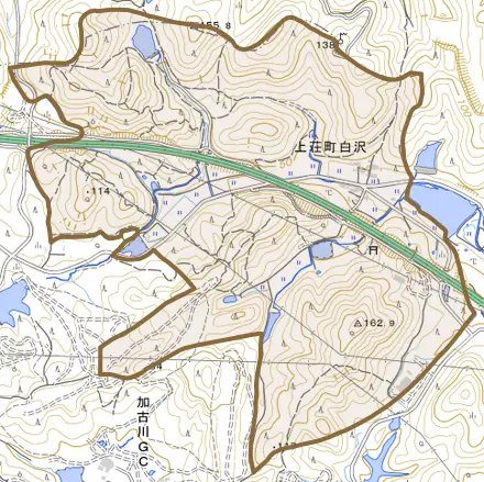 上荘町白沢とその周辺の地図。町の範囲を重ねている