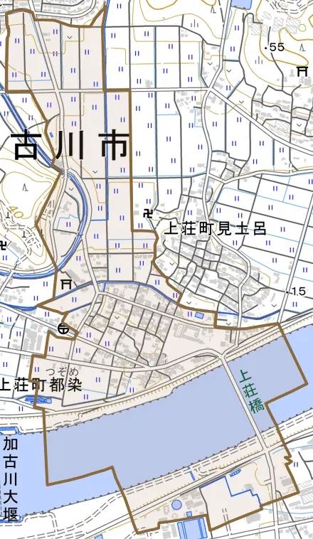 上荘町都染とその周辺の地図。町の範囲を重ねている