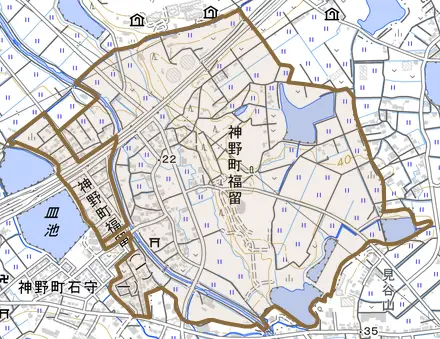 神野町福留とその周辺の地図。町の範囲を重ねている