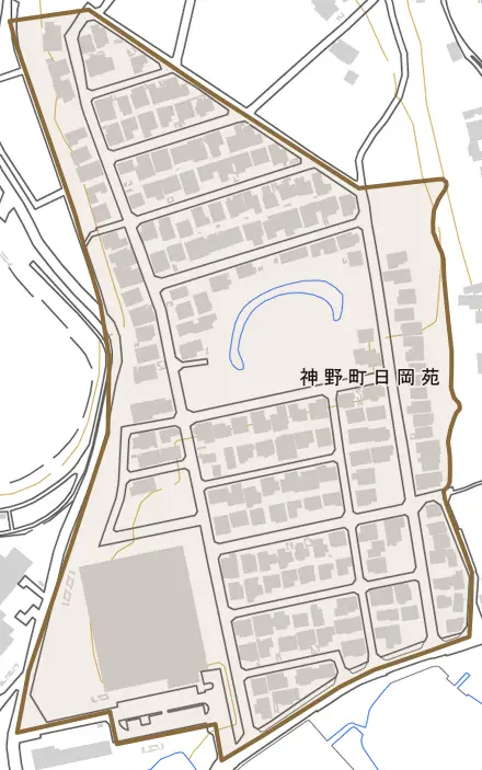 神野町日岡苑とその周辺の地図。町の範囲を重ねている