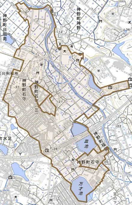 神野町石守とその周辺の地図。町の範囲を重ねている