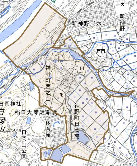 神野町西之山とその周辺の地図。町の範囲を重ねている