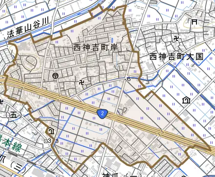 西神吉町岸とその周辺の地図。町の範囲を重ねている
