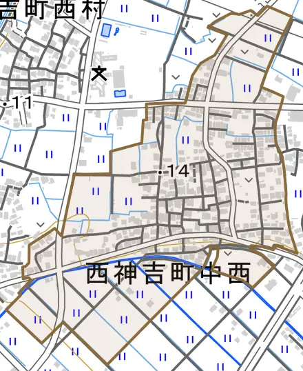 西神吉町中西とその周辺の地図。町の範囲を重ねている