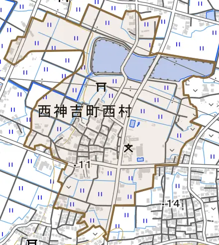 西神吉町西村とその周辺の地図。町の範囲を重ねている