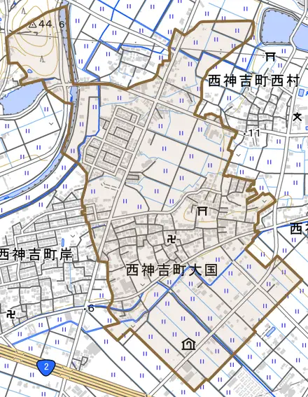 西神吉町大国とその周辺の地図。町の範囲を重ねている