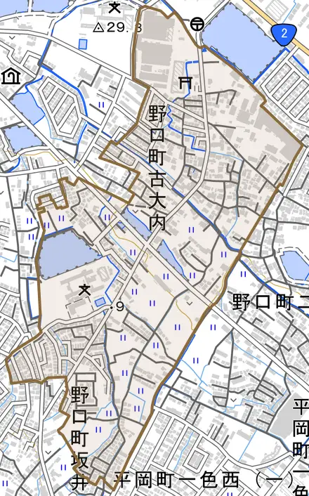 野口町古大内とその周辺の地図。町の範囲を重ねている