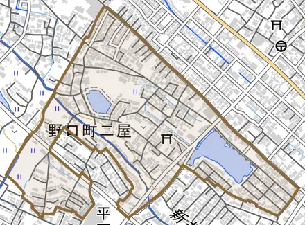 野口町二屋とその周辺の地図。町の範囲を重ねている