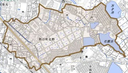 野口町北野とその周辺の地図。町の範囲を重ねている