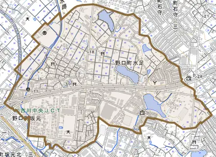 野口町水足とその周辺の地図。町の範囲を重ねている