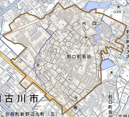 野口町長砂とその周辺の地図。町の範囲を重ねている