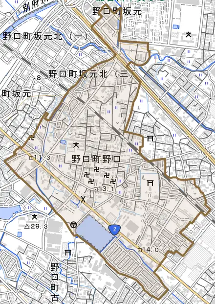 野口町野口とその周辺の地図。町の範囲を重ねている