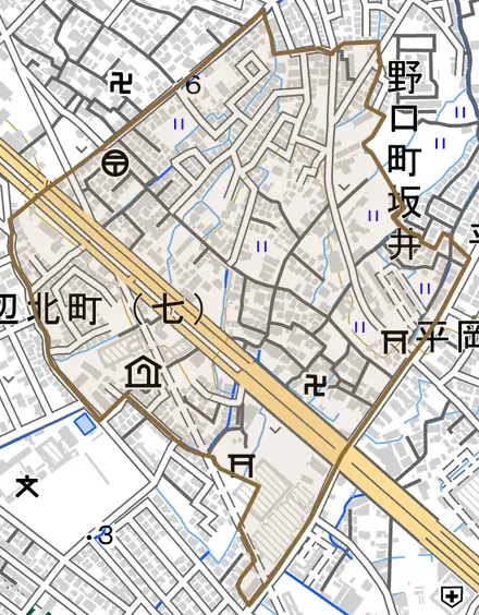 野口町坂井とその周辺の地図。町の範囲を重ねている
