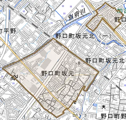 野口町坂元とその周辺の地図。町の範囲を重ねている