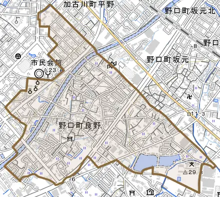 野口町良野とその周辺の地図。町の範囲を重ねている