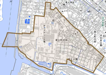 尾上町池田とその周辺の地図。町の範囲を重ねている