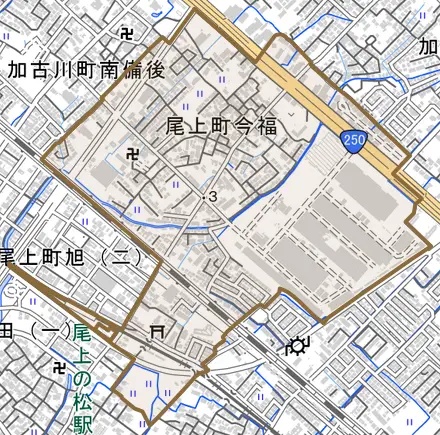 尾上町今福とその周辺の地図。町の範囲を重ねている