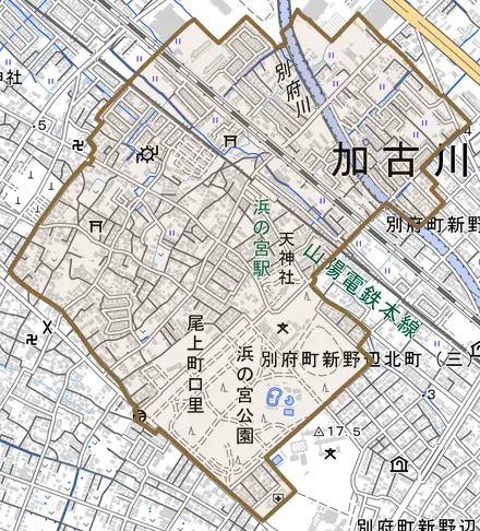 尾上町口里とその周辺の地図。町の範囲を重ねている