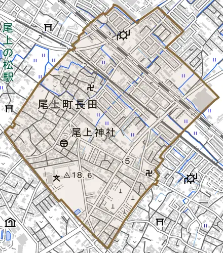 尾上町長田とその周辺の地図。町の範囲を重ねている