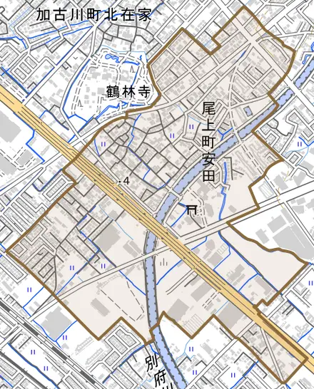 尾上町安田とその周辺の地図。町の範囲を重ねている