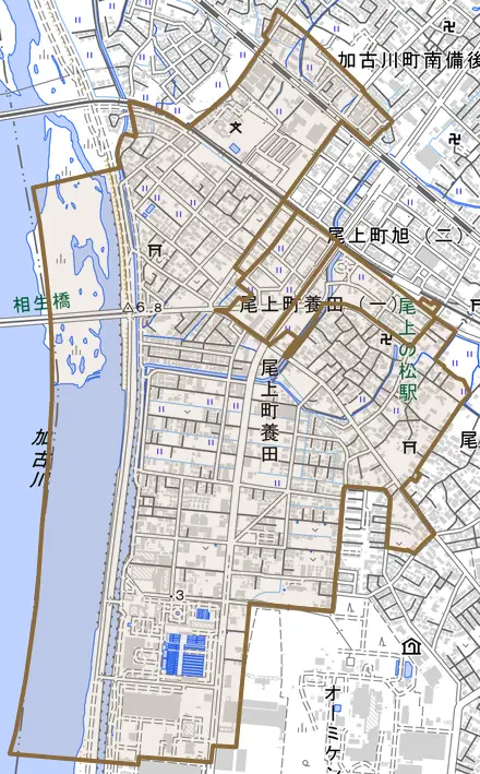 尾上町養田とその周辺の地図。町の範囲を重ねている