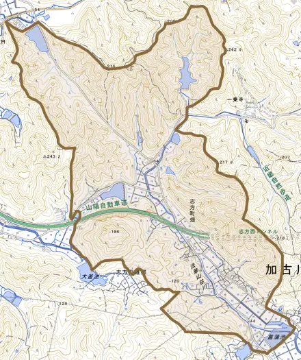 志方町畑とその周辺の地図。町の範囲を重ねている