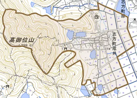 志方町成井とその周辺の地図。町の範囲を重ねている