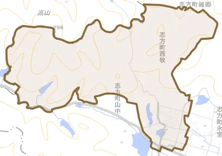 志方町西牧とその周辺の地図。町の範囲を重ねている