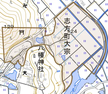 志方町大宗とその周辺の地図。町の範囲を重ねている